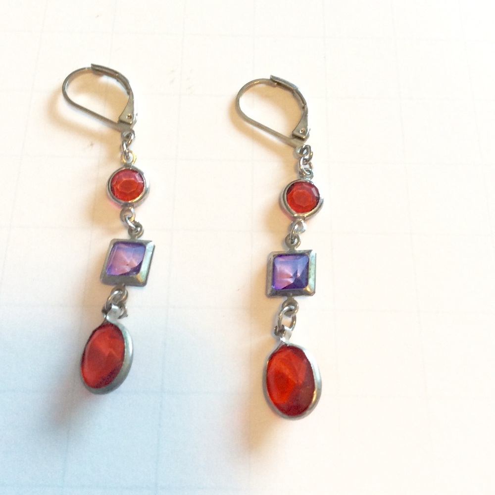 Lavender, red gems w/ silver drop earrings